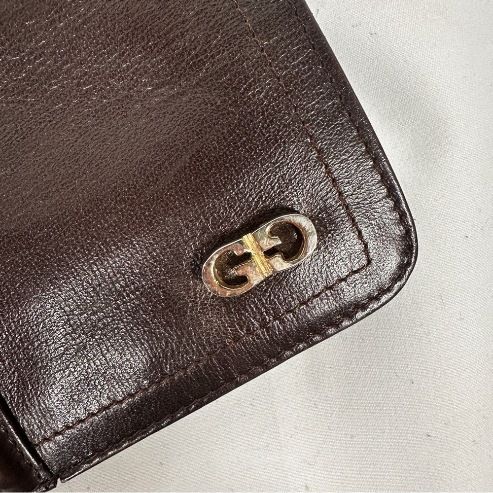 Vintage German Leather Clutch Brown Double-G Corner Hardware 80s Minimalist - Picture 7 of 12